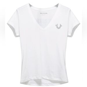 True Religion Women XXXL Outline Crystal V Neck Short Sleeve White Tee